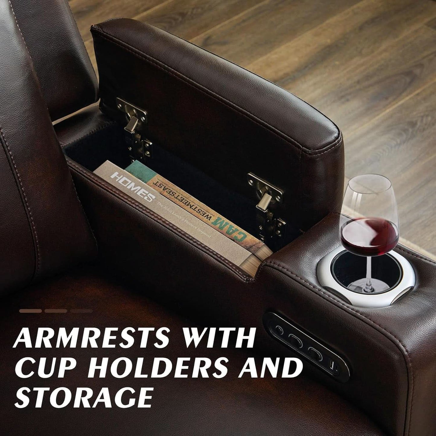 Brown Power Recliner Sofa Featuring Adjustable Headrest