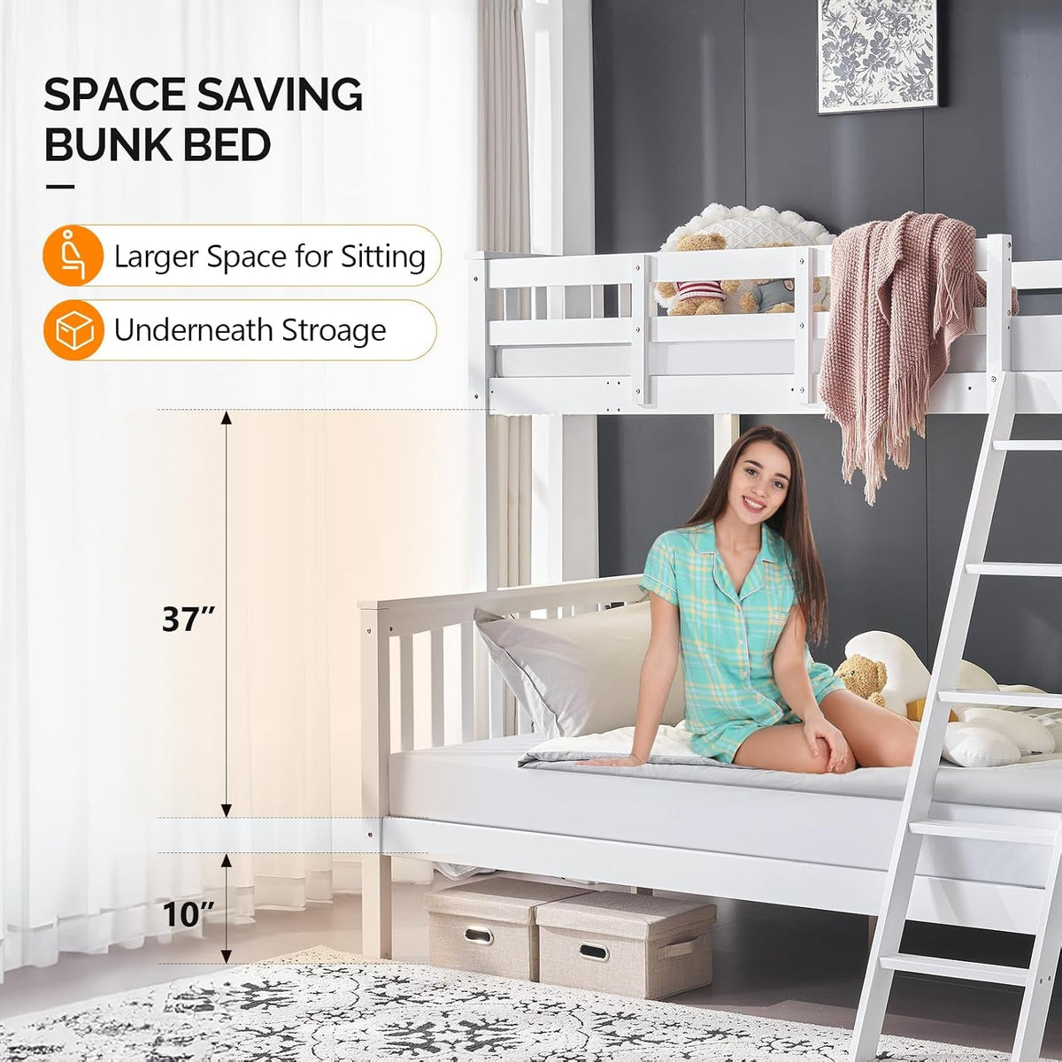 White Luxurious Hardwood Space Saving Bunk Bed Twin