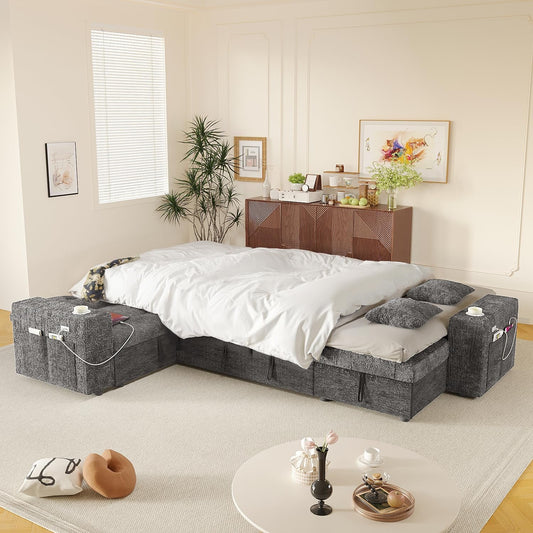 Modular Sleeper Sofa 108Inch Grey Chenille Upholstered