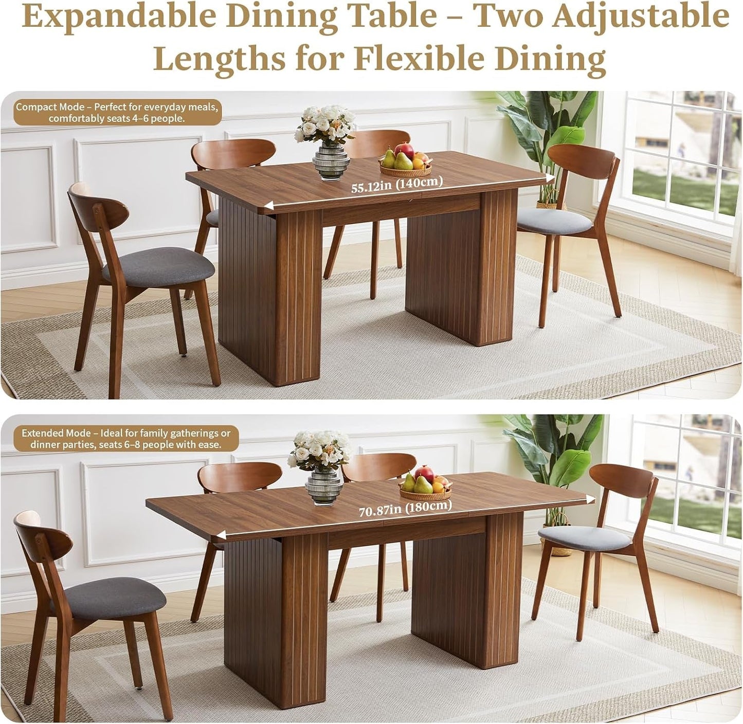 Extendable Rectangular Dining Table 55 Inches Walnut
