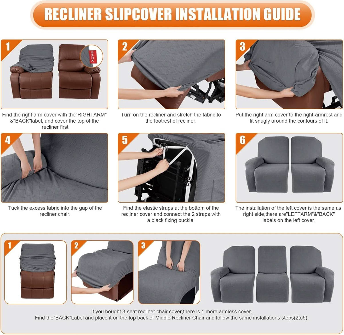 Midnight Charcoal 3 Piece Recliner Slipcover Stretch