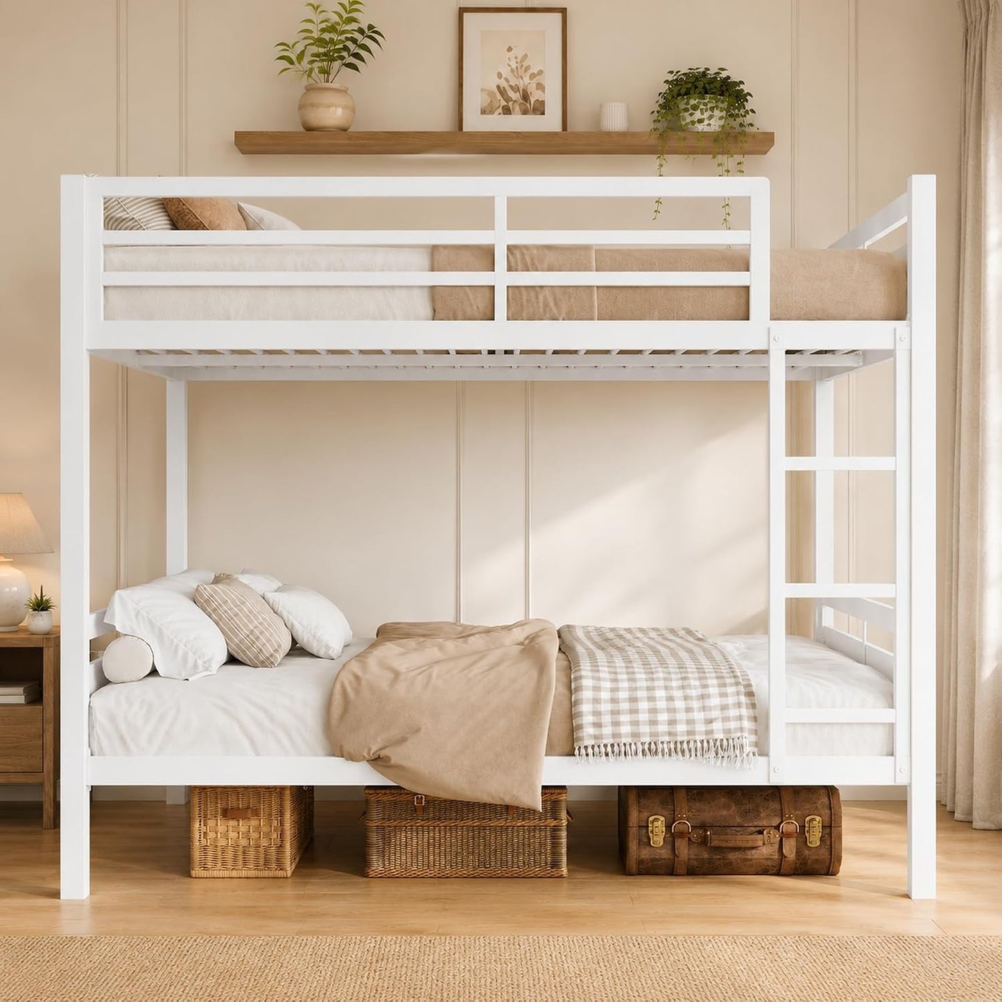 White Heavy Duty Metal Bunk Bed Full Over Full Ladder
