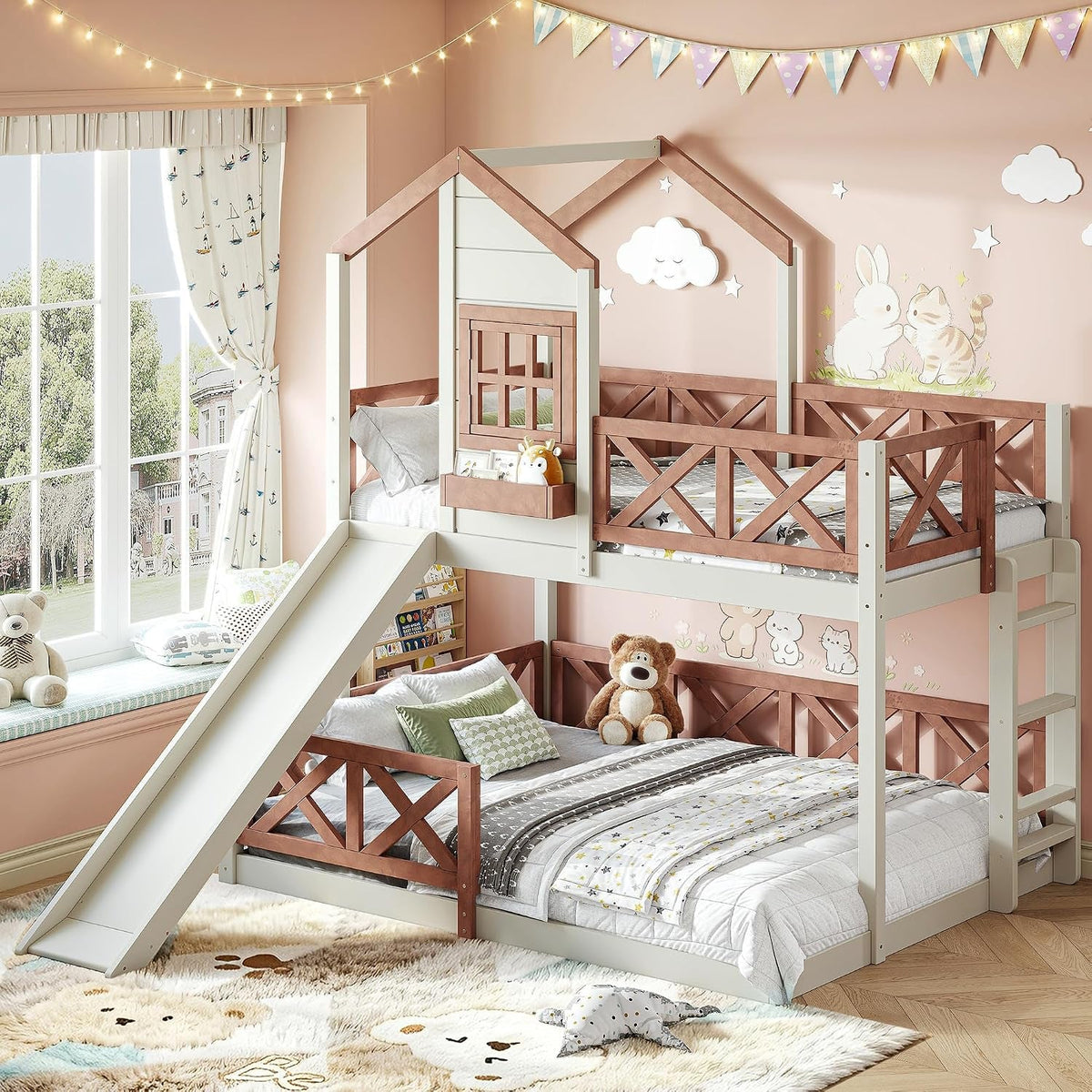 Twin Over Full Bunk Bed Playhouse With Slide Loft Storage