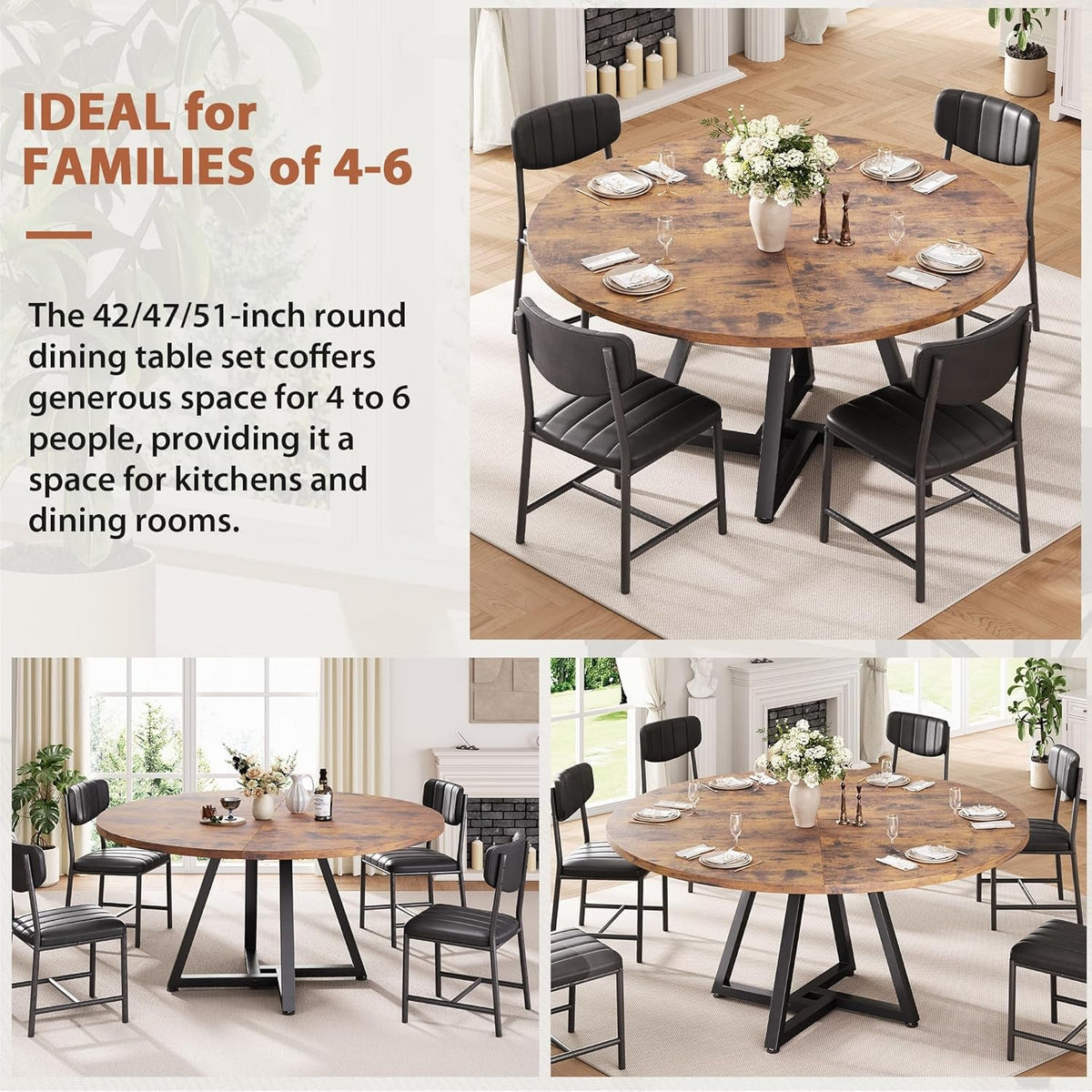 Round Dining Table 47 Inch Pedestal Walnut Stain Finish