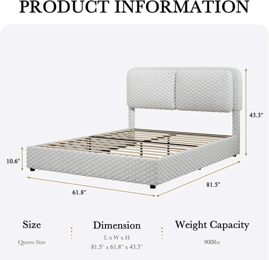 Queen Size White Corduroy Upholstered Platform Bed