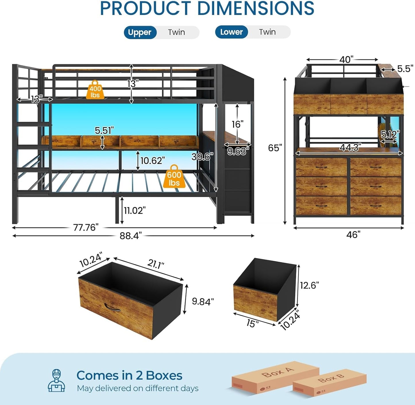 Twin Over Twin Steel Construction Bunk Bed With Storage