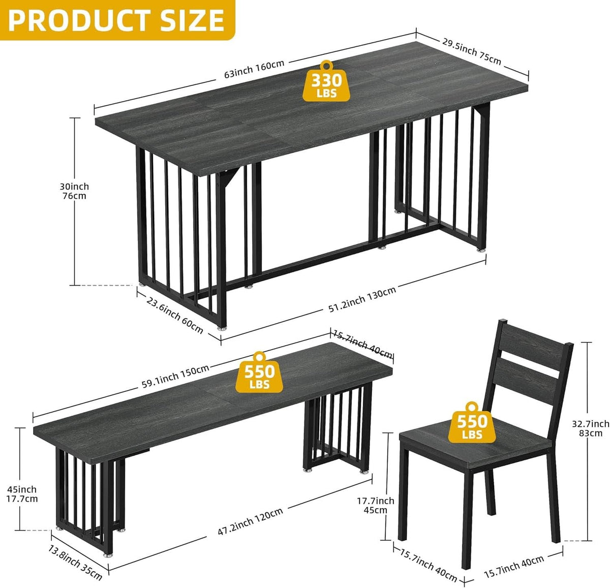 63 Inch Dark Grey Rectangular Dining Table Set Farmhouse