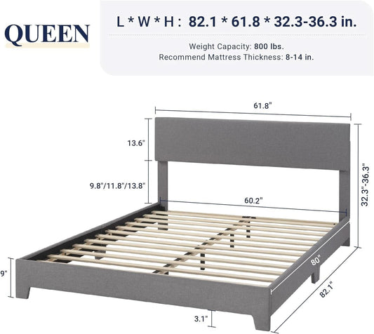 Queen Size Upholstered Headboard Platform Bed Slats