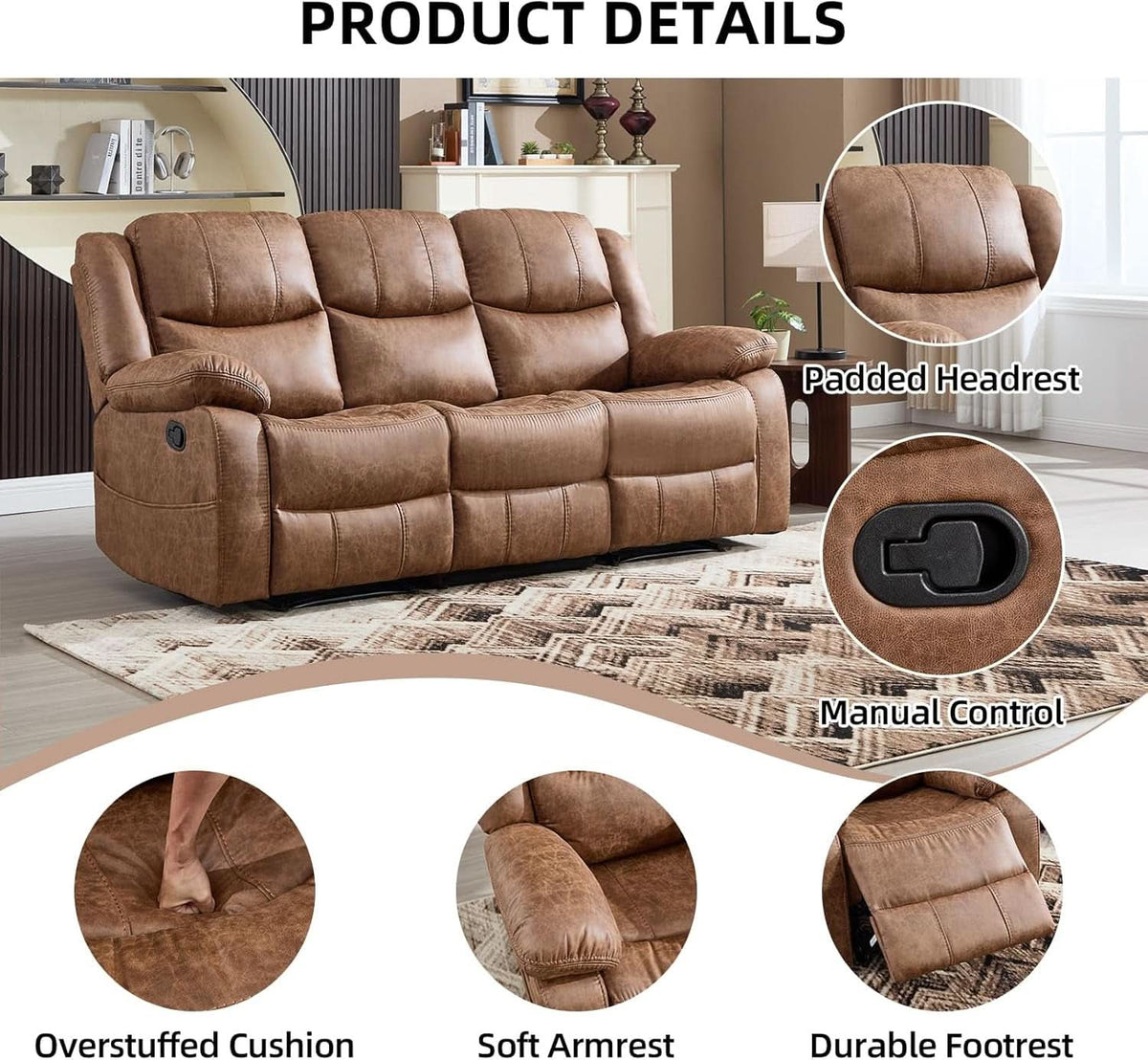 Brown Extra Wide Reclining Sofa Set Living Room Collection
