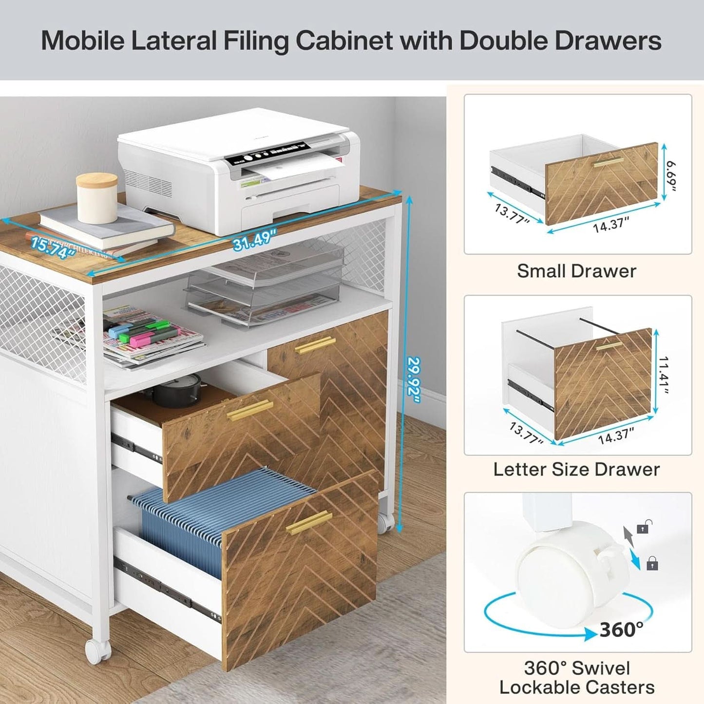 Modern File Cabinet With Drawers In Dark Walnut Casters