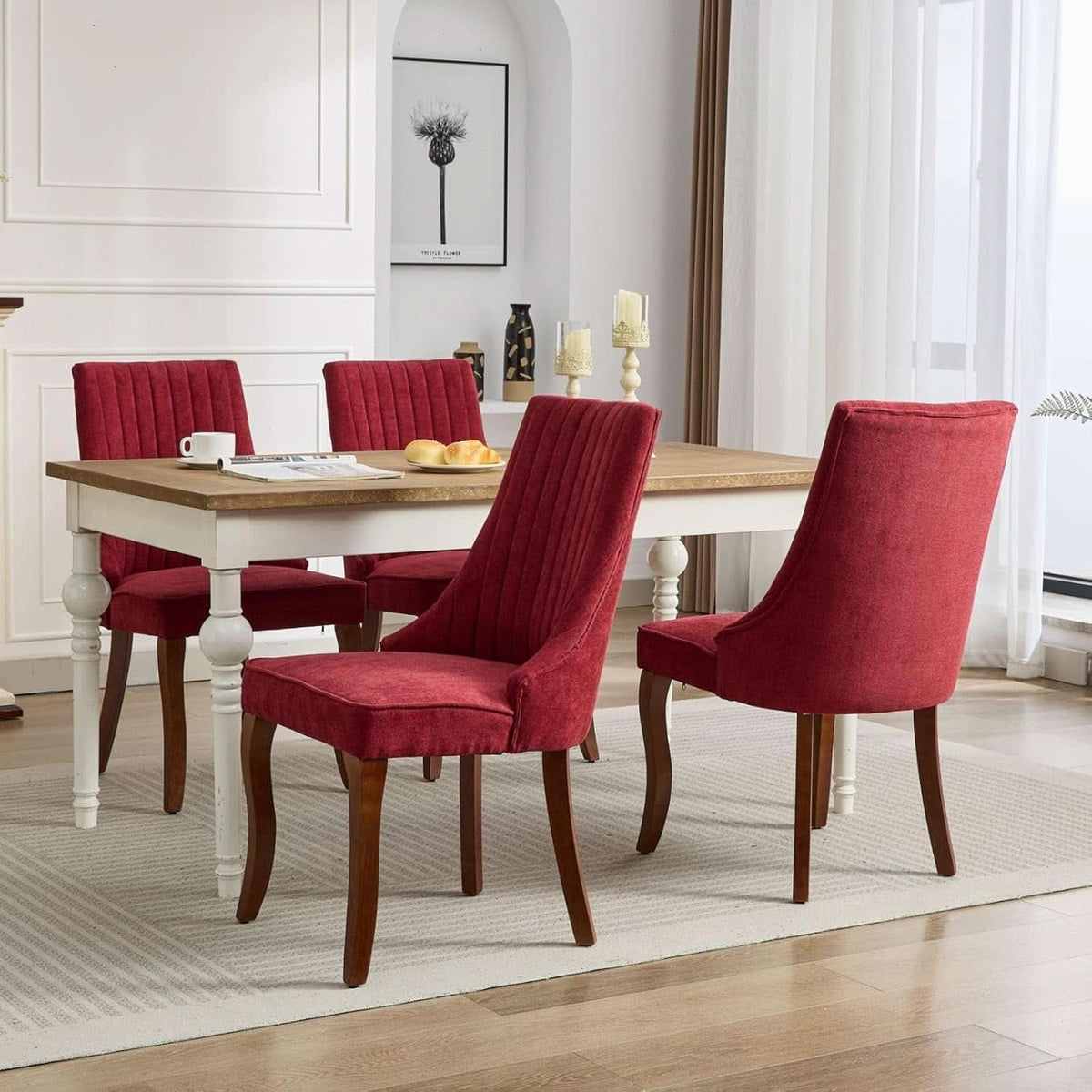Velvet Dining Chairs Wine Red Channel Tufted Wood Legs