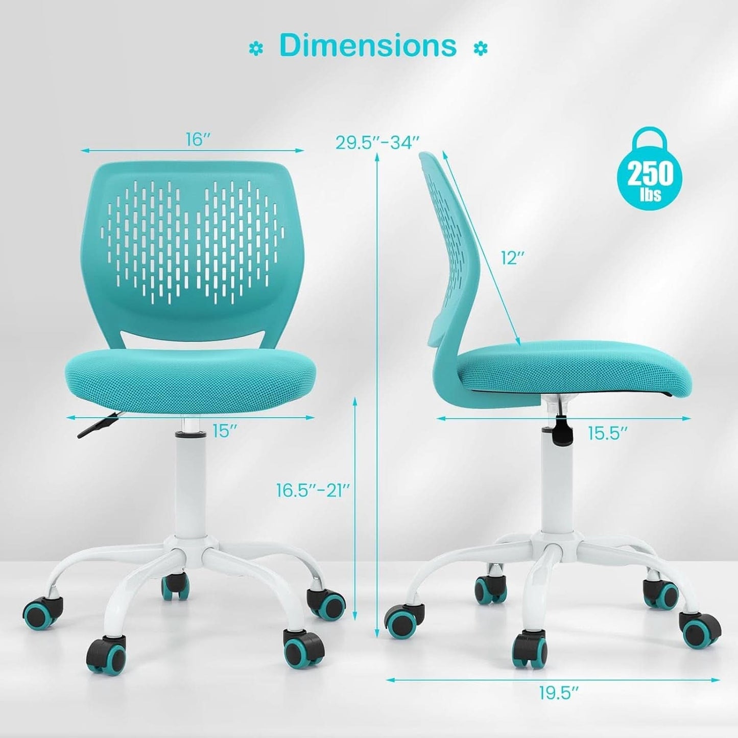 Turquoise Height Adjustable Kids Desk Chair With Lumbar Support
