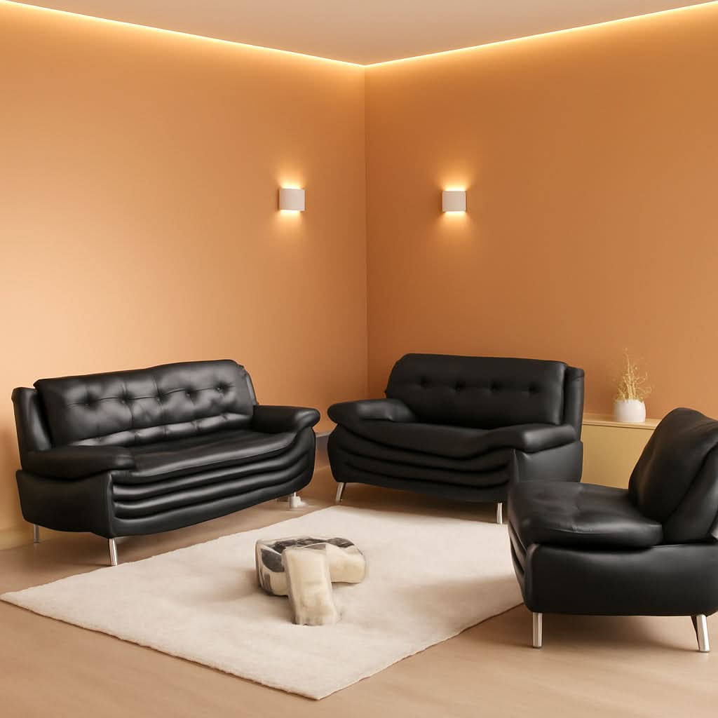 3 Piece Faux Leather Sofa Set For Living Room Black 3 Seater Sofa Loveseat Armchair