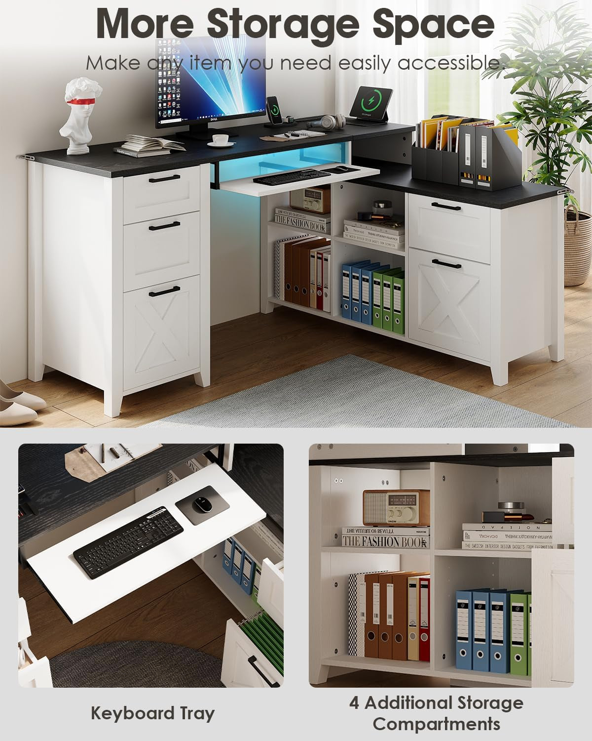 White Farmhouse L Shaped Desk With USB Charging 59 Inch Desk