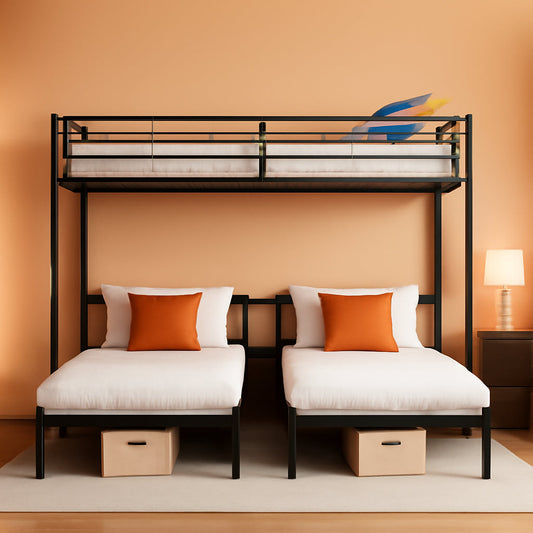 All Steel Frame Triple Bunk Bed Twin XL Guardrails Durable