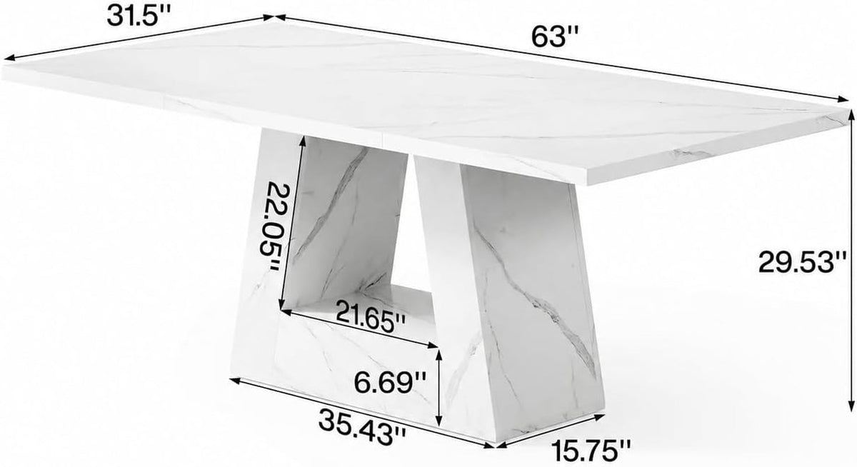 White Faux Marble Rectangular Dining Table Pedestal