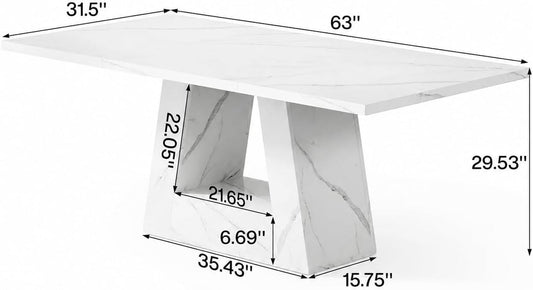 White Faux Marble Rectangular Dining Table Pedestal
