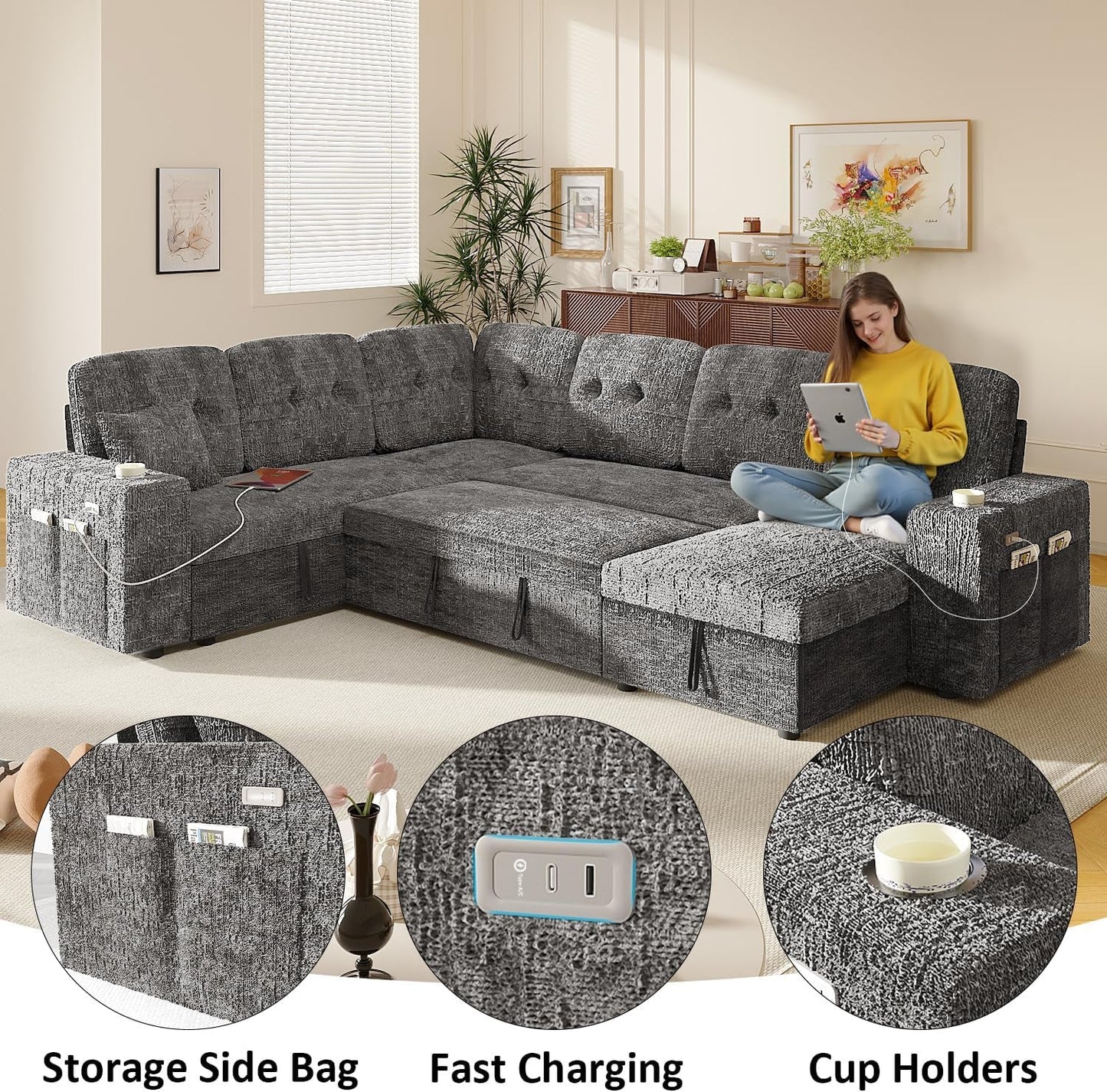 Modular Sleeper Sofa 108Inch Grey Chenille Upholstered