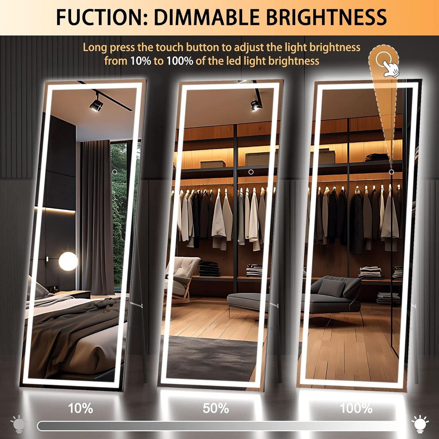 67x24Inches LED Floor Standing Mirror Dimmable Lights