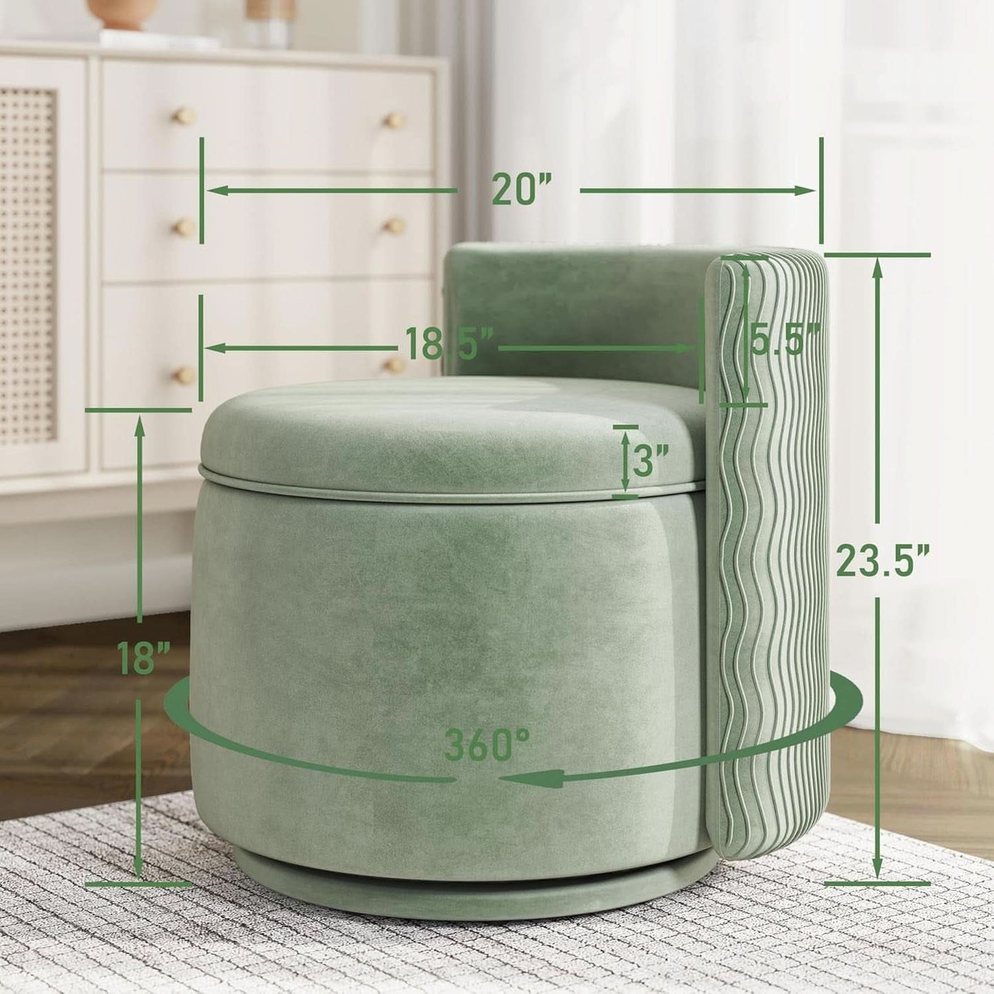 Emerald Velvet Vanity Ottoman With 360DegreeSwivel