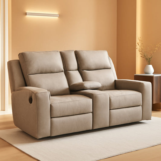 Manual Reclining Faux Leather Loveseat Beige Cupholders