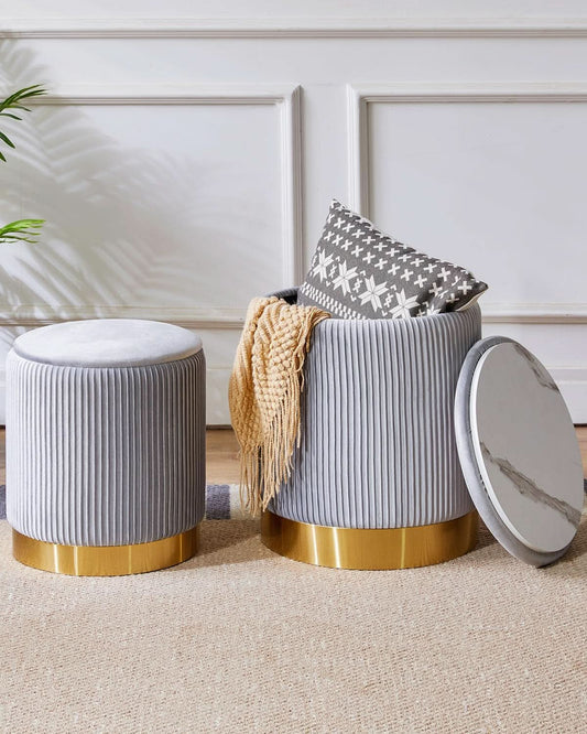 Round Storage Ottoman TwoPack Gray Velvet Upholstered