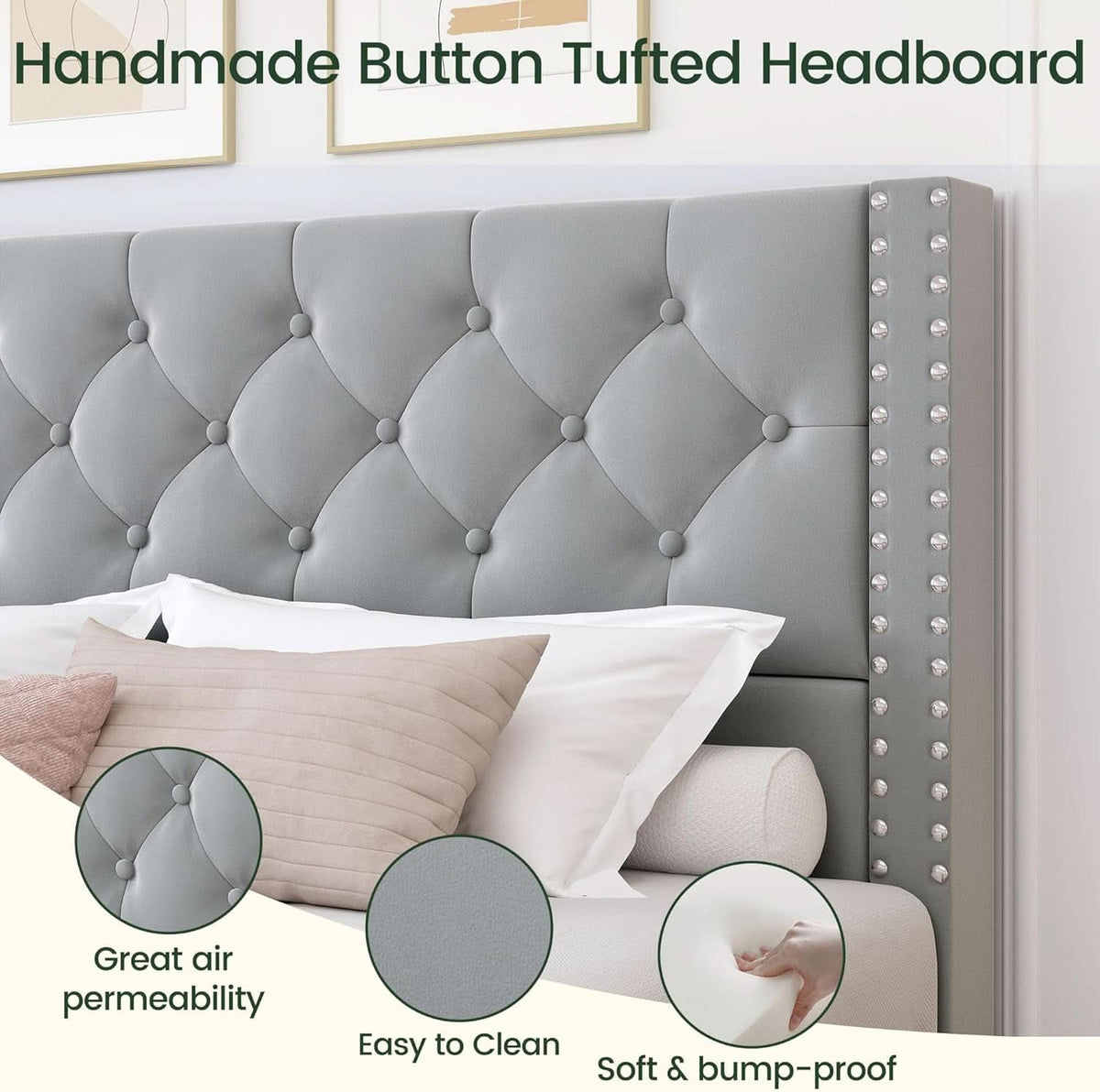 Queen Velvet Grey Upholstered Platform Bed Frame Storage