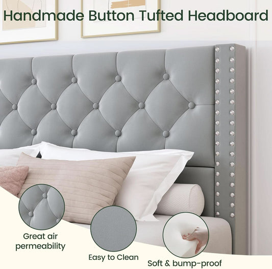 Queen Velvet Grey Upholstered Platform Bed Frame Storage