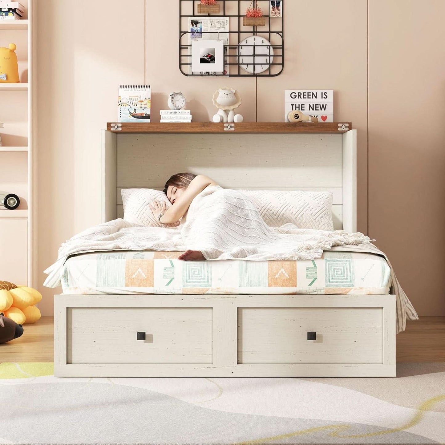 Murphy Bed With Distressed White Storage And Charging