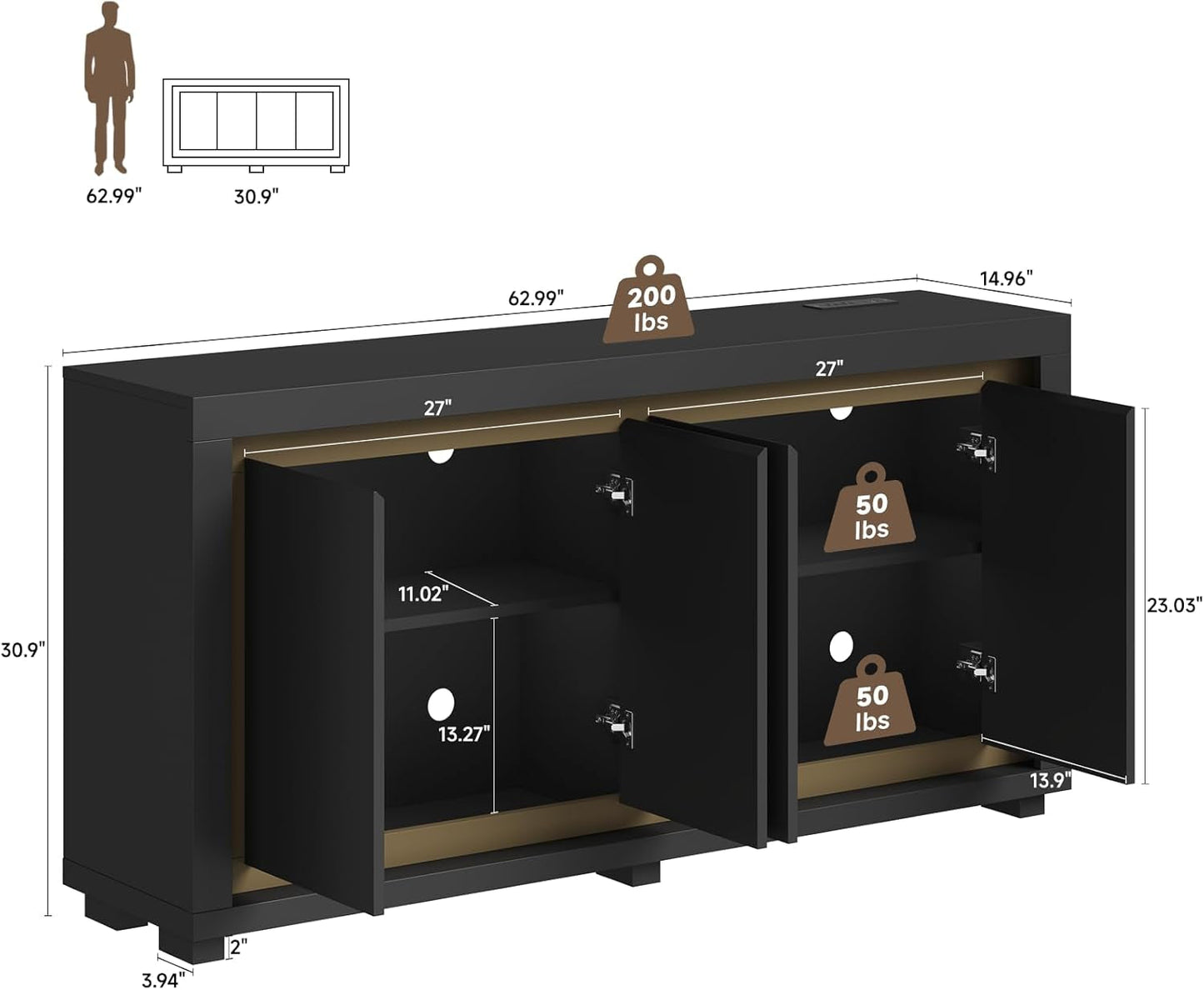 63Inch Black Sideboard Buffet Cabinet With PowerOutlets