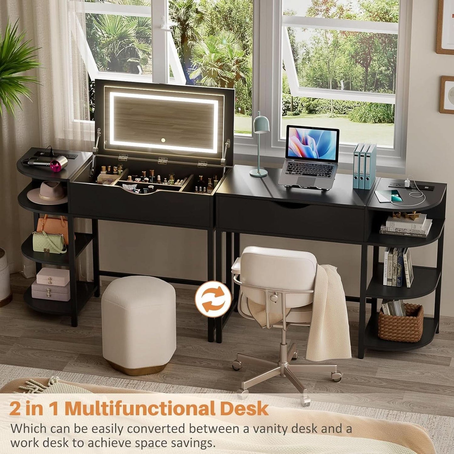 Black Vanity Desk With Multifunctional Ambient Mirror