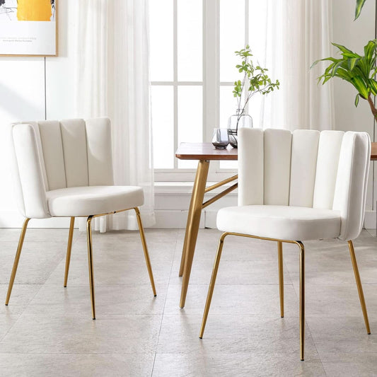 Cream Velvet Upholstered Dining Chairs Goldtone Legs
