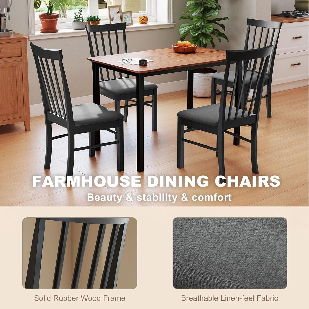 Solid Rubber Wood Dining Chairs Sets Of 4 Black Upholstered