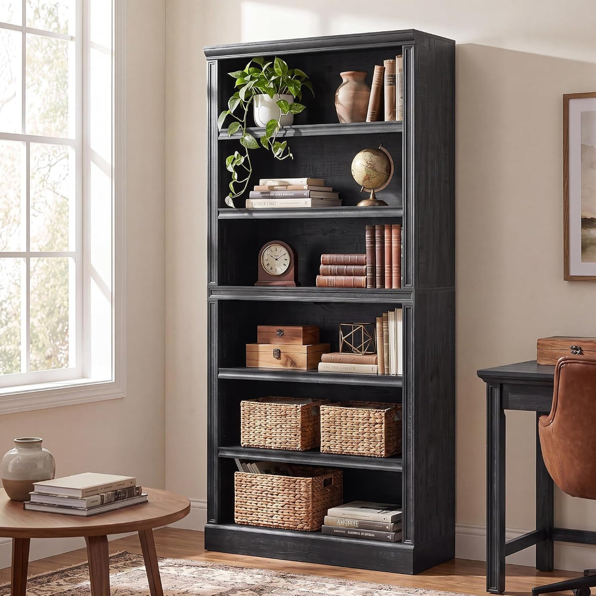 Five Tier Black Finished Wooden Adjustable Bookcase