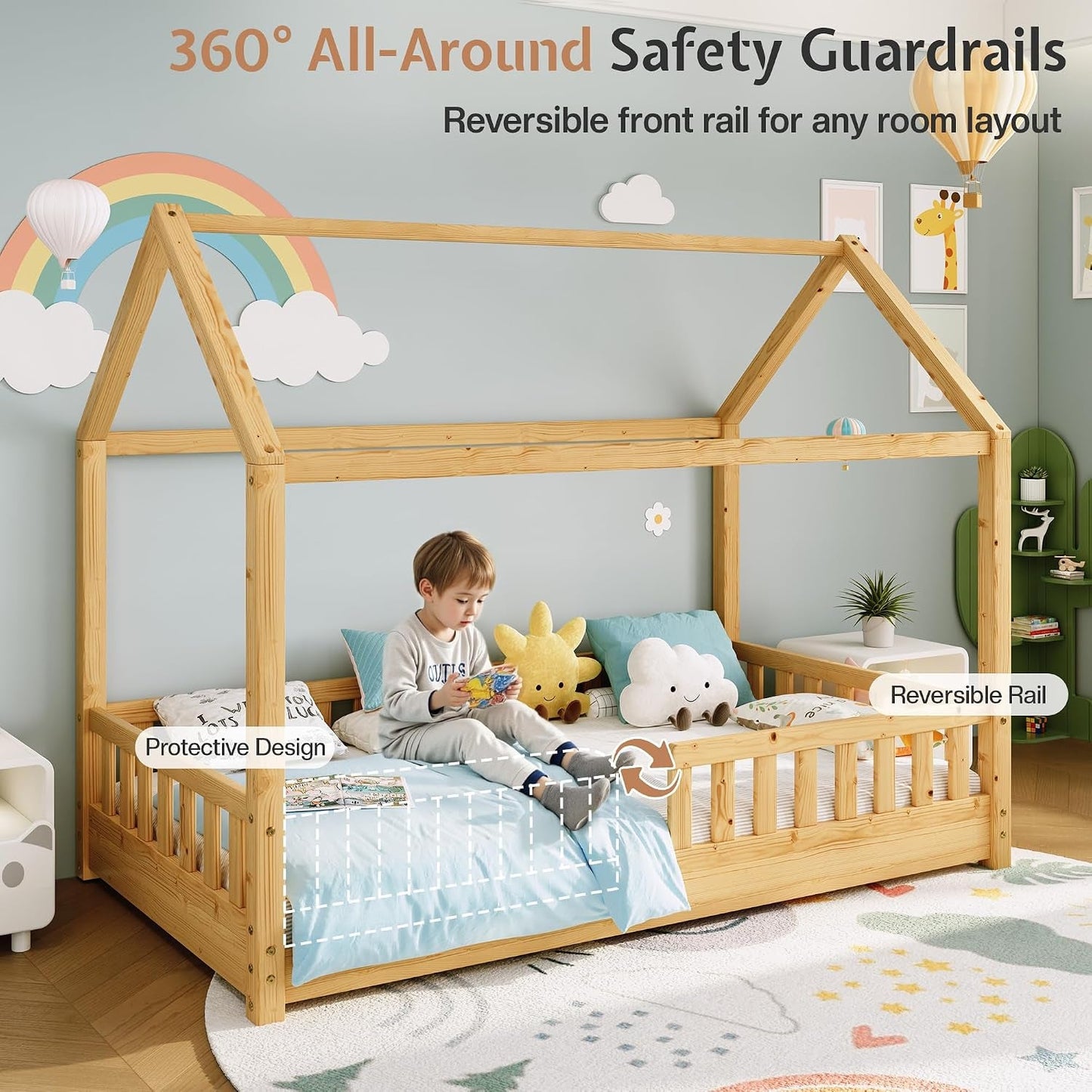 Twin Size Natural Wood Playhouse Style Bed Guardrails