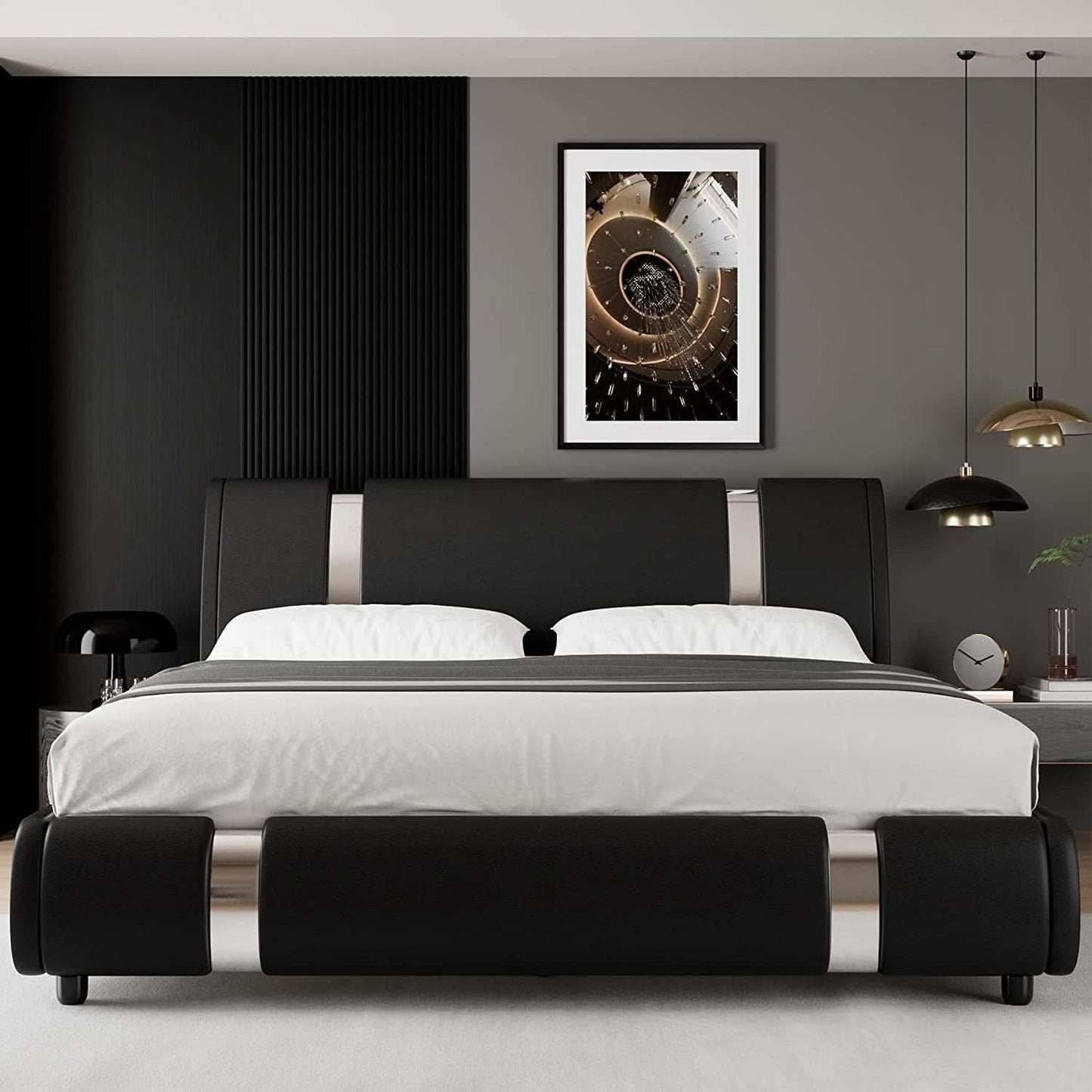 Queen Faux Leather Bed Frame With Adjustable Headboard
