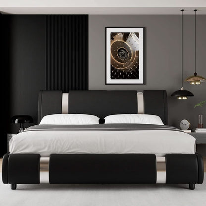 Queen Faux Leather Bed Frame With Adjustable Headboard