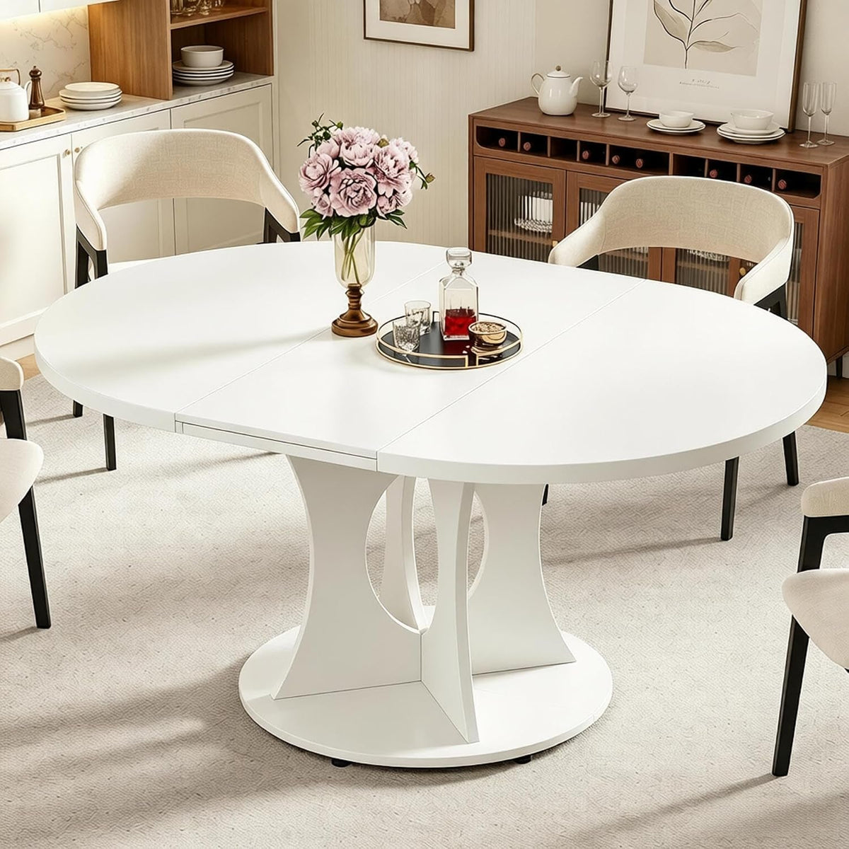 White Round Extendable Dining Table Pedestal Storage