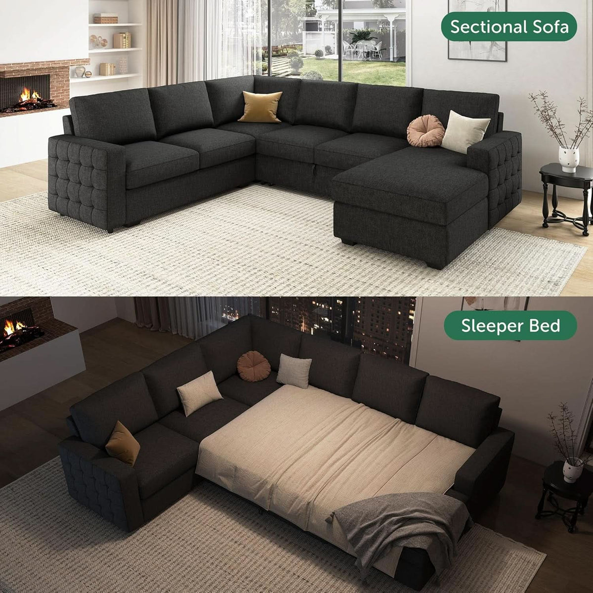 Dark Grey Sectional Sleeper Sofa With Pull Out Bed