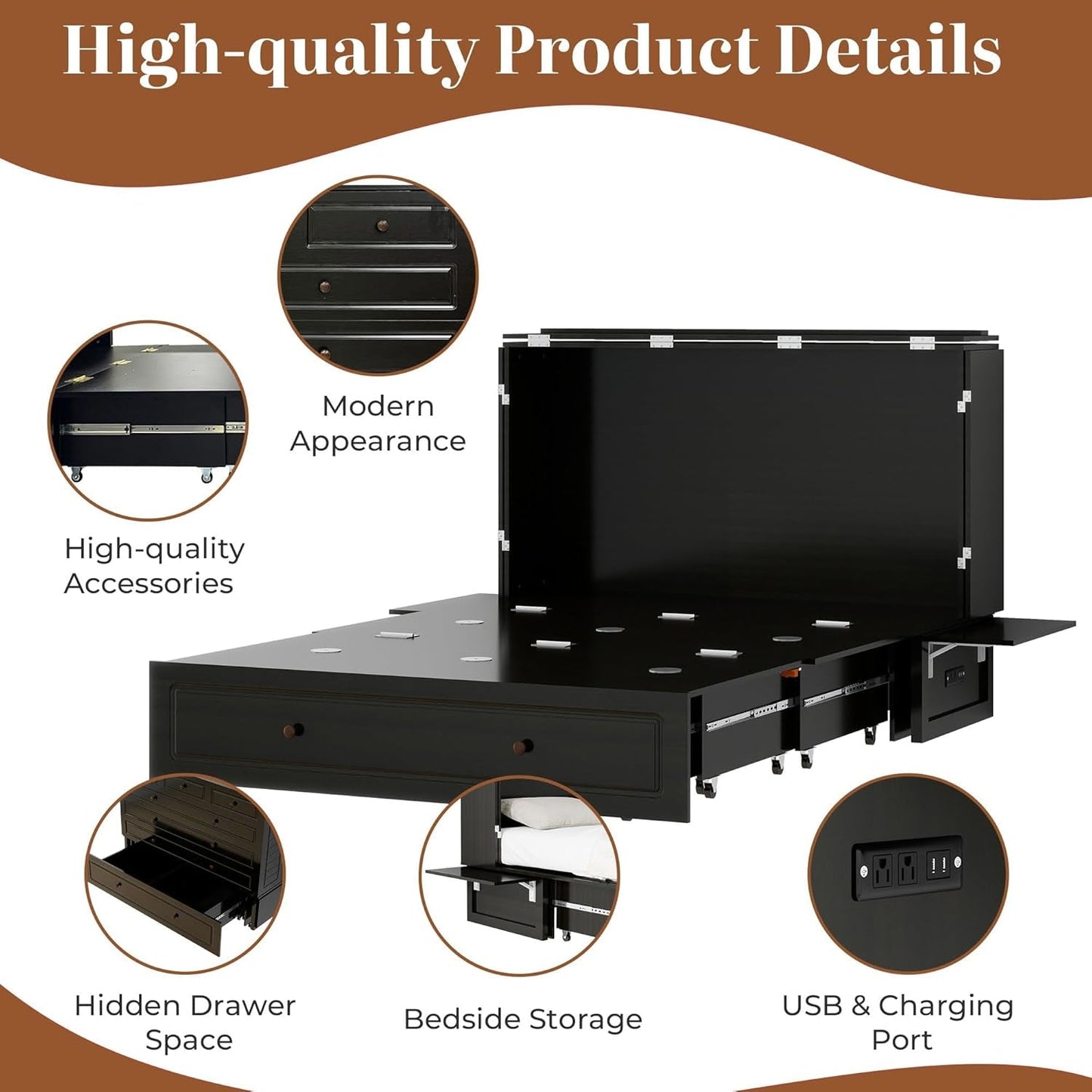 Queen Murphy Bed Cabinet Contemporary Black Finish