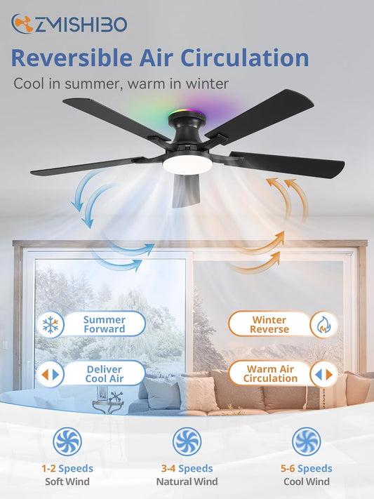 52 Inch Smart Black Ceiling Fan Energy Efficient Cooling