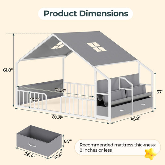 Montessori Floor Bed With White Guardrails Storage