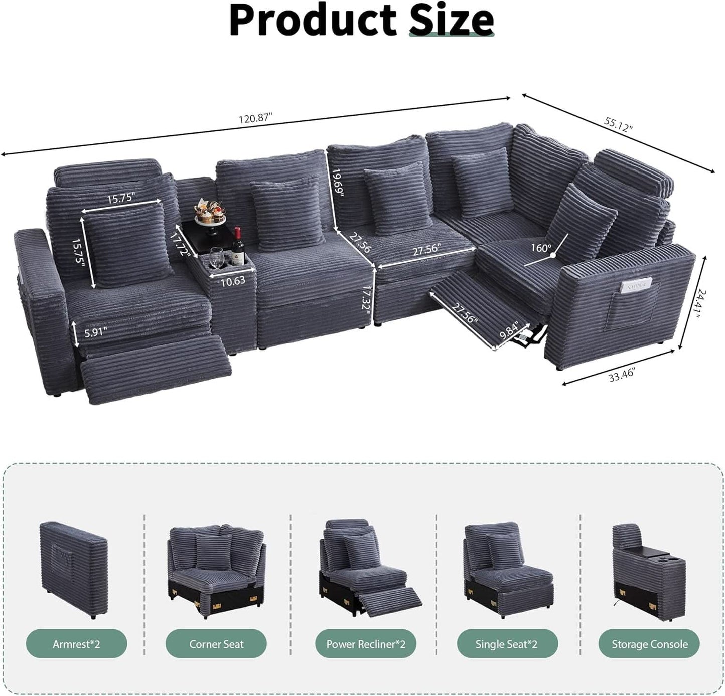 Grey Premium Power Recliner Modular Sectional Sofa