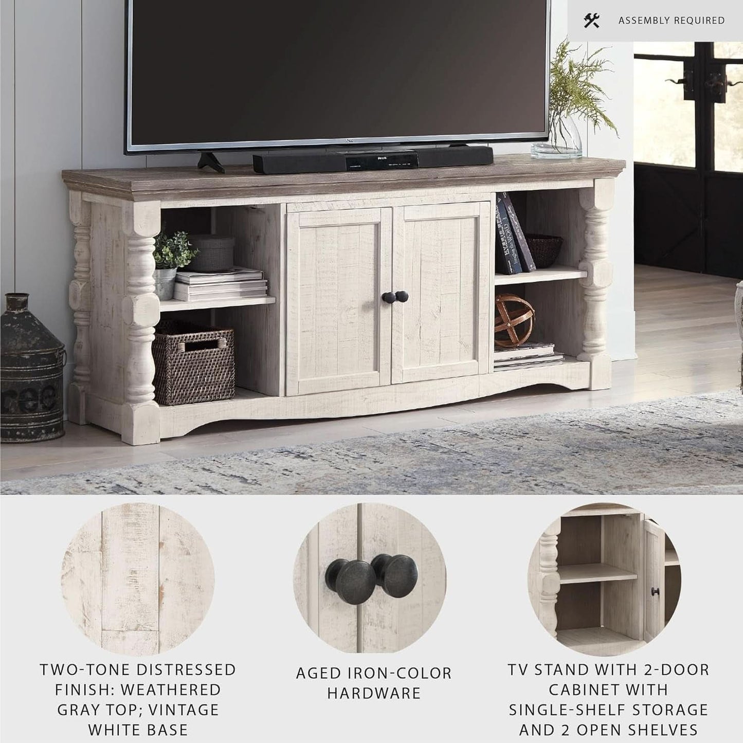 65 Inch Farmhouse TV Stand Timeless White Weathered