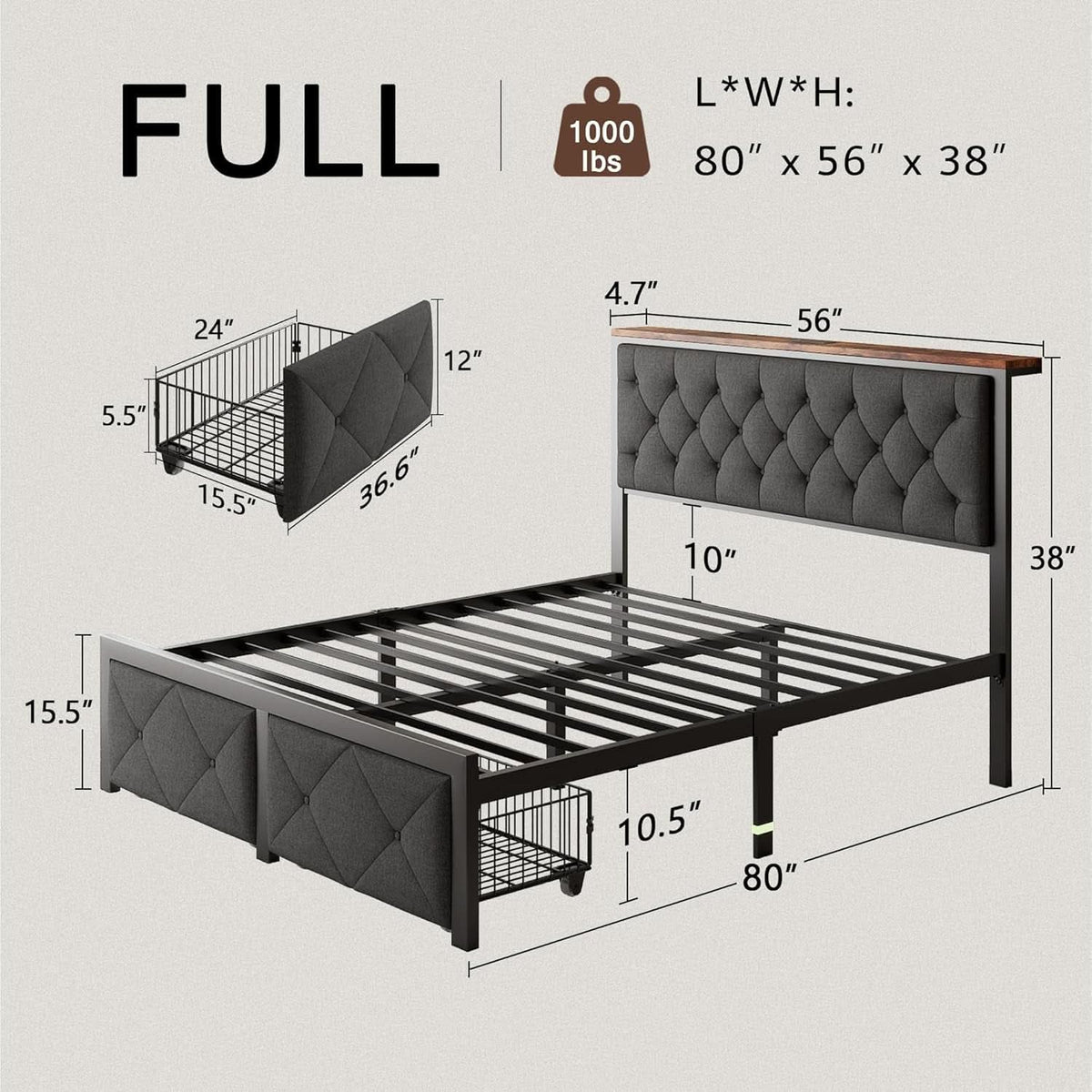 Full Size Bed Frame With Grey Storage Drawers USB Ports