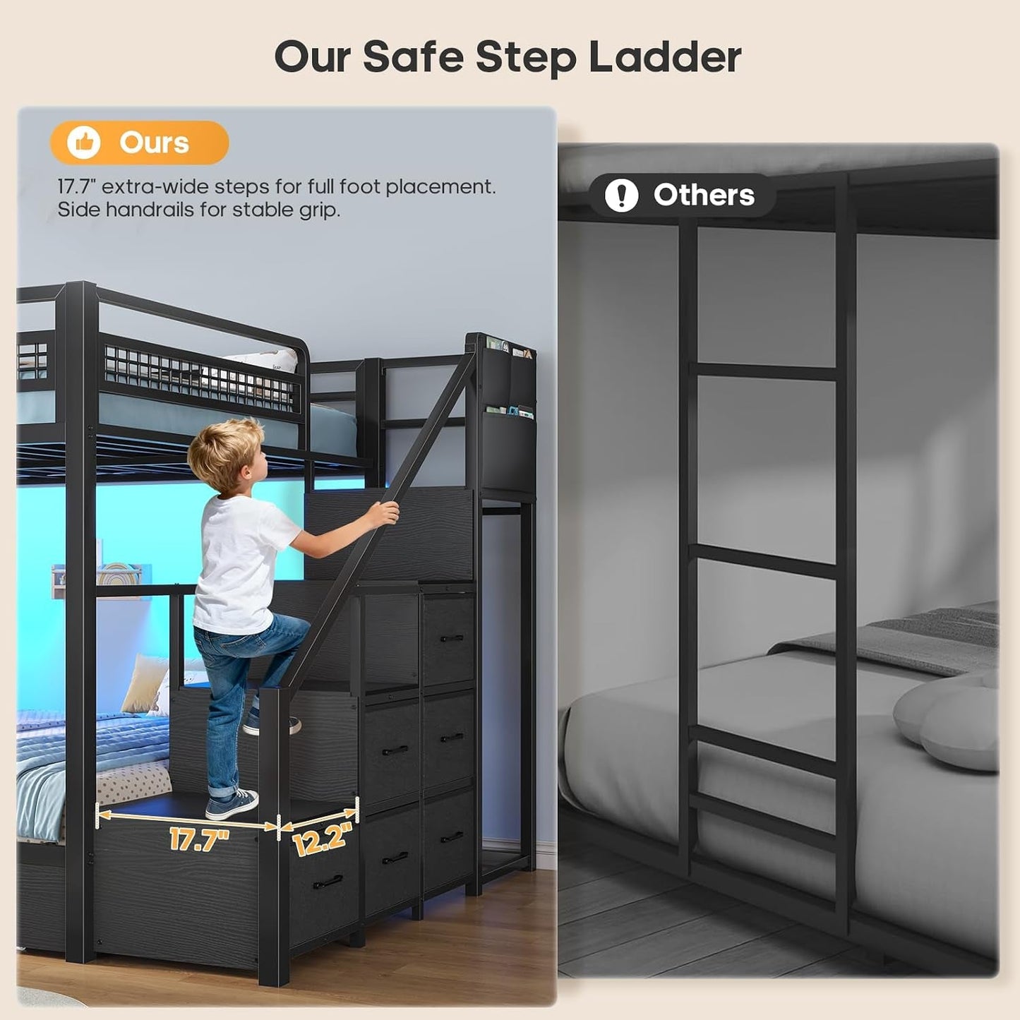 Black Full Over Full Bunk Bed LED Lighting Quality Durable