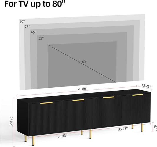 Black Fluted Mid Century Modern TV Entertainment Center With Storage