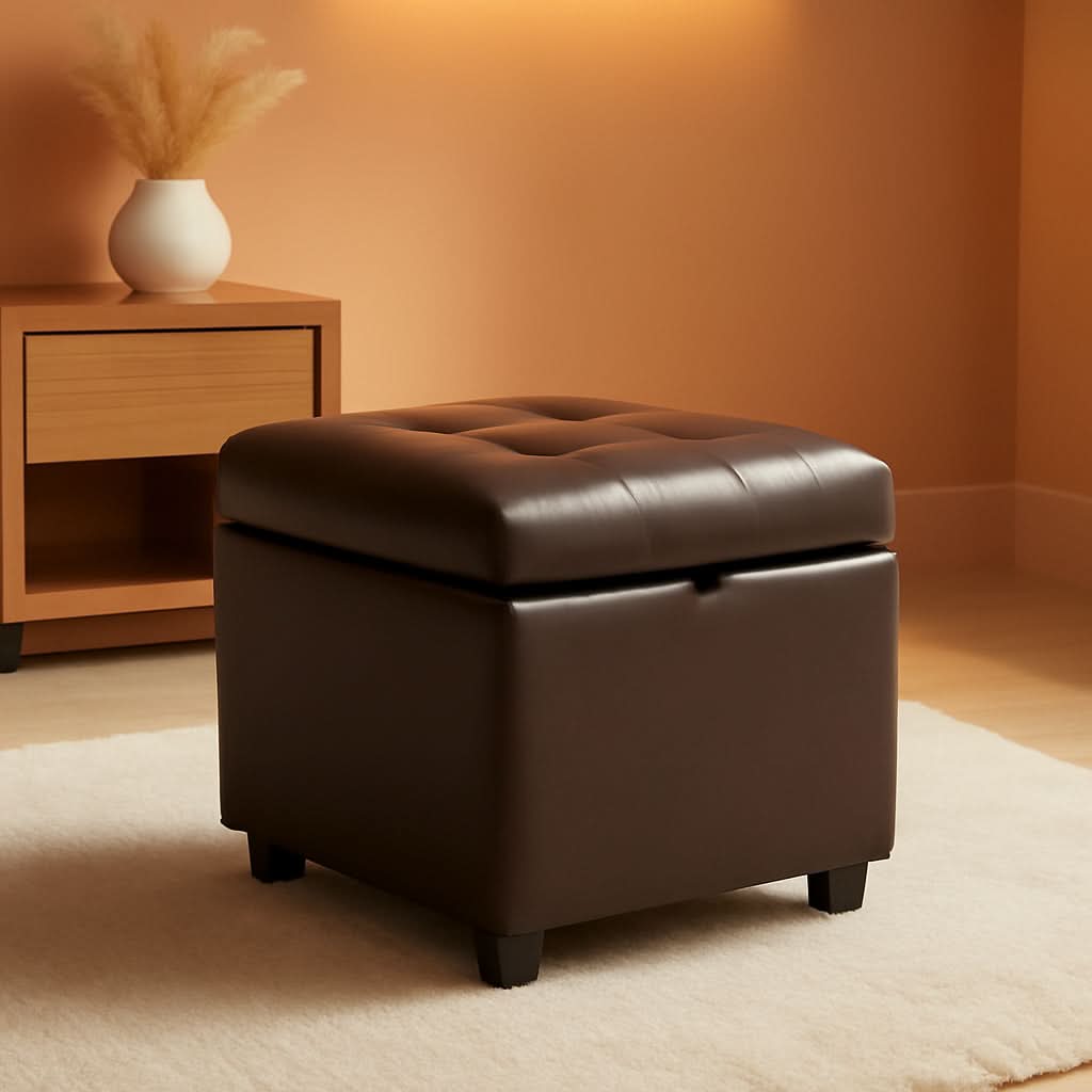 Brown Genuine Leather Storage Ottoman Cube Tufting