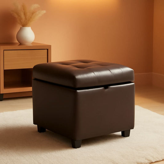 Brown Genuine Leather Storage Ottoman Cube Tufting