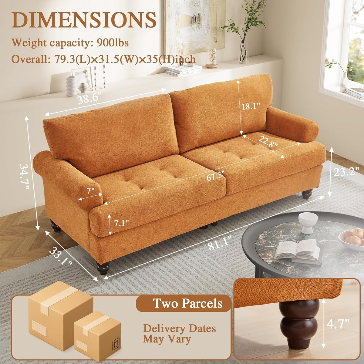 81-Inch Ginger Sofa Modern Upholstered Living Room-1